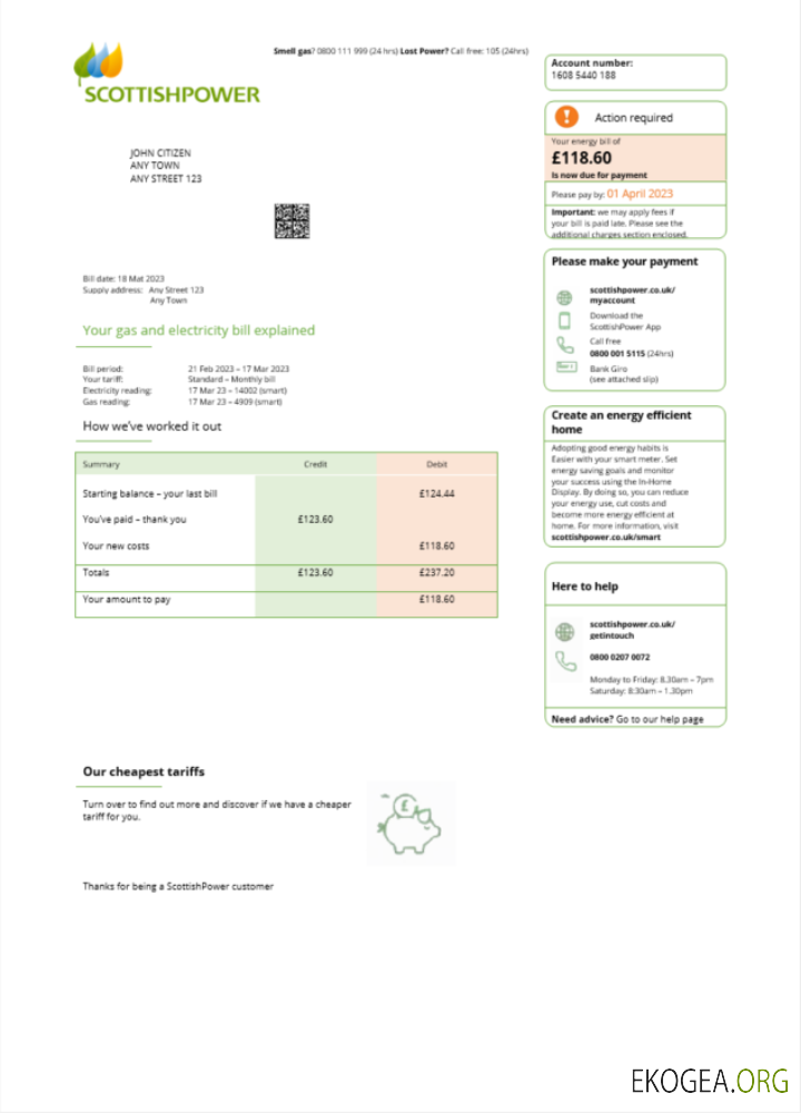 United Kingdom Scottish Power utility bill Word and PDF template scr